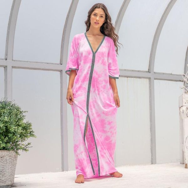 

casual dresses siskakia holiday women long dress fashion v-neck tie-dye printed 3/4 sleeve robe plus size middle east arab clothing 2021, Black;gray