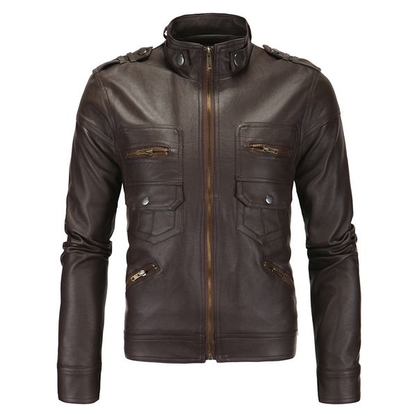 

aowofs new style men's wear selling men's leather jacket england stand collar leather coat xy102, Black
