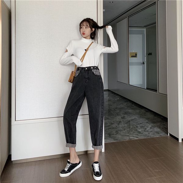 

полу-эластичный пояс корейский свободный флис патч denim женщин обрезанные брюки высокой талией шаровары морковь, Blue