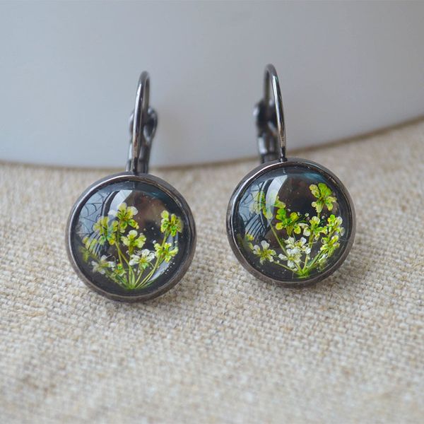

green babysbreath real flower black copper drop earrings for women boho fashion jewelry bohemian 2019 cute handmade diy cute, Silver