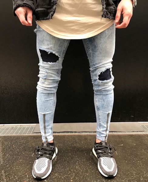 

2018 new dropshipping men jeans stretch destroyed ripped design hip hop holes fashion ankle zipper skinny jeans for men, Blue