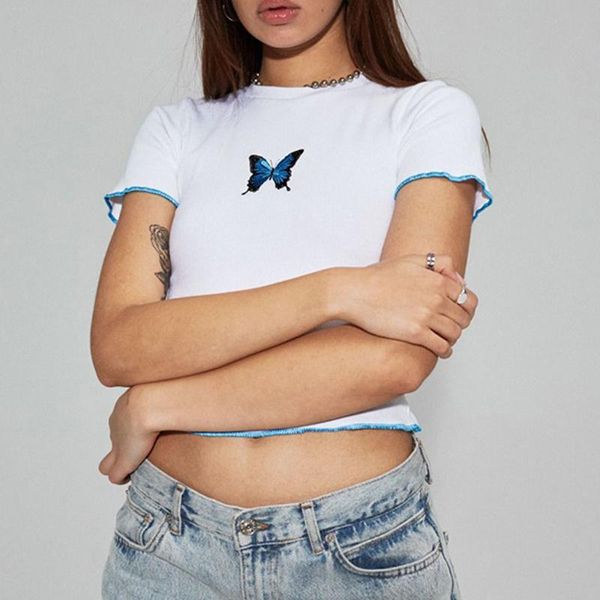 

white short sleeves t-shirt for women ladies 2020 summer fashion butterfly embroidery female club o-neck short t-shirt