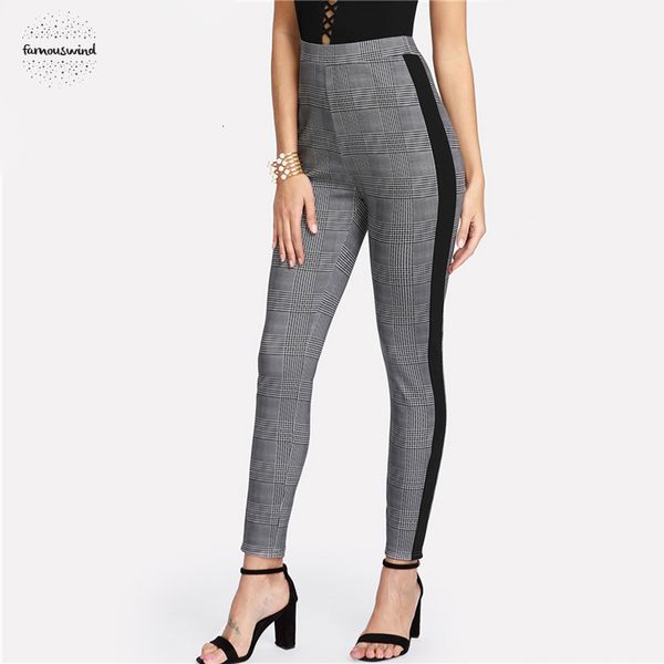 

pants contrast tape side plaid pencil pants mid waist skinny long length multicolor women ol workwear pleated pants, Black;white
