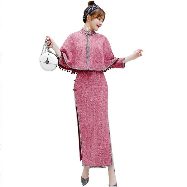 

autumn winter quality chinese style party dress women elegant gown with cape stand collar cheongsam ladies long sleeve dresses, White;black