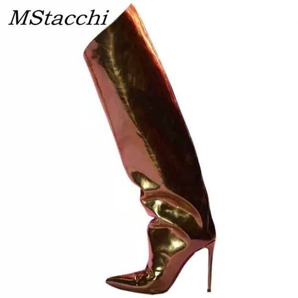 

mstacchi runway stilettos candy color mirror leather metallic over the knee women boots super high heels knee high boots woman, Black