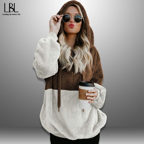 

new women fleece hoodies winter autumn loose cotton sweatshirt patchwork zipper hooded pullover girls casual jumper streetwear, Black