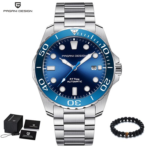 

pagani design brand men watches automatic blue watch men stainless steel waterproof business sport mechanical wristwatch, Slivery;brown