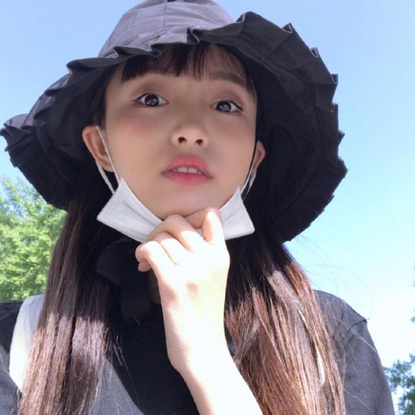 

missky women bucket hats solid color fisherman plaited lacing flounce sun visor hat female accessory for summer, Blue;gray