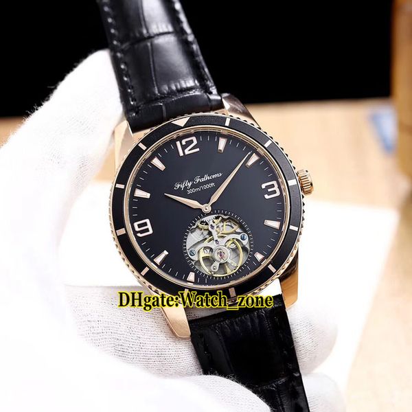 

new 6 style fifty fathoms 50 fathoms black dial automatic mens watch tourbillon rose gold black bezel leather strap gents watches, Slivery;brown