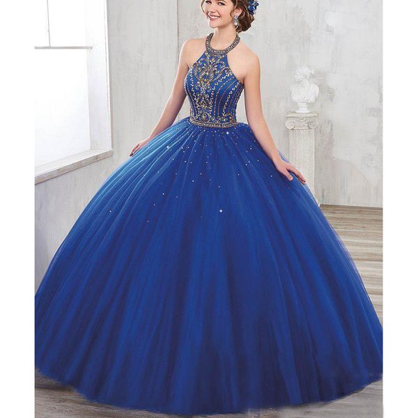 

new golden beaded halter prom dresses ball gown backless lace up puffy skirt girls pageant party dress formal women evening dresses, Black
