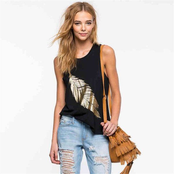 

2019 leaf printing black sleeveless vest women's round neck fashion top, White
