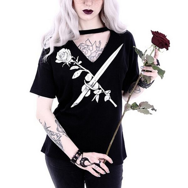 

punk rose print t-shirt fashion women galaxy short sleeve letter star print black loose punk gothic casual t-shirt femme, White