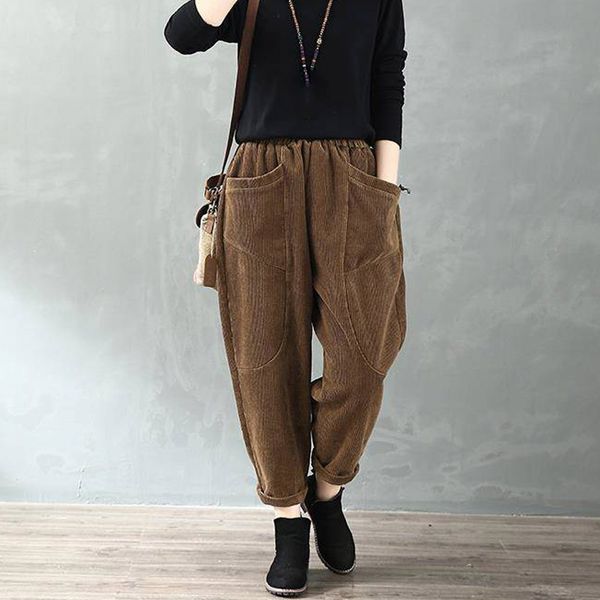 

fashion women's pant plus size harem pants corduroy leisure pocket high waist trousers loose long pants korean solid 30h, Black;white