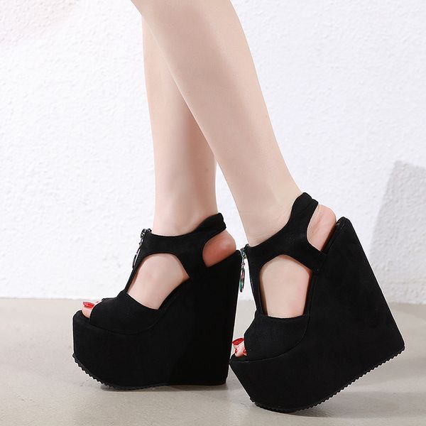 

17cm high heels platform wedges shoes women fashion ladies black high heel shoes zipper wedge sandals ladies gladiator sandals