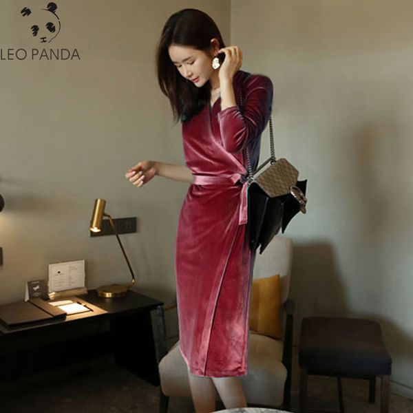 

2019 velvet dress office lady split v neck solid long sleeve knee-length bodycon party dress elegant work wear winter wrap, Black;gray