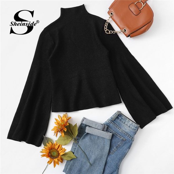 

sheinside turtleneck flounce sleeve black sweater 2018 spring autumn ladies long sleeve casual women sweaters and pullovers, White;black