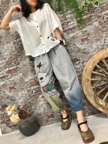 

blue, gray color matching elastic waist individuality leisure female jeans bk4619