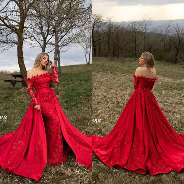 

2020 red mermaid evening dresses satin with lace applique sequins rhinestone feather prom dress sweep length detachable tarin party gowns, Black;red