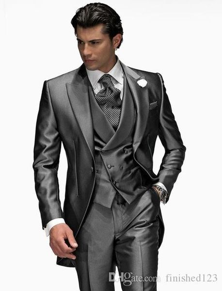 Nuovo arrivo un bottone grigio lucido smoking dello sposo risvolto risvolto groomsmen uomo abiti da festa di nozze (giacca + pantaloni + gilet + cravatta) NO: 2175