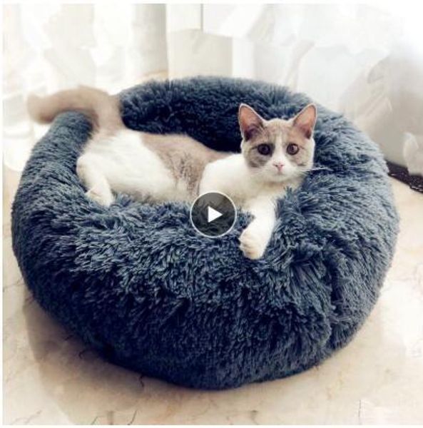

round plush cat bed house soft long plush pet dog bed for dogs products nest winter warm sleeping cat pet bed mat