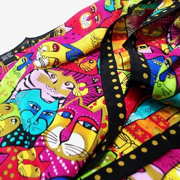 Мода-женщин Длинный шелковый шарф ручной работы Чистая галстука платке Coloful Кошки животных Картина шейный Satin Bandana160 х 42см