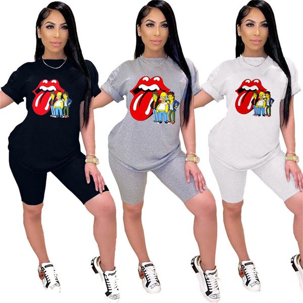 

women lip print tracksuit casual two piece set short sleeve tee shirt+shorts summer clothing sports jogger suit solid color outfits 3023, White
