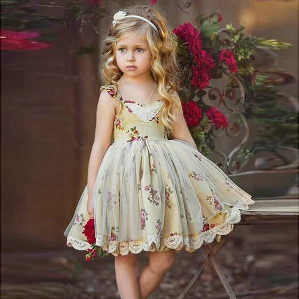 

new princess floral girl dress toddler baby lace flower backless tulle sundress pageant wedding bridesmaid clothes party dress, Red;yellow