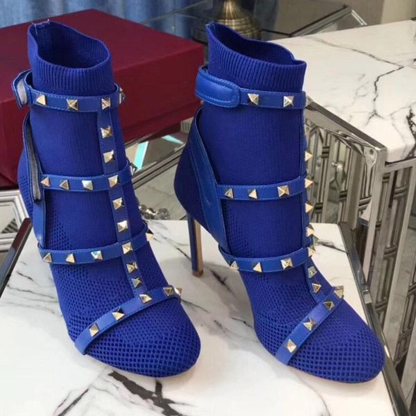 

trendy black studded t-closure lace up gladiator shoes spike heels womens out ankle bootie v02