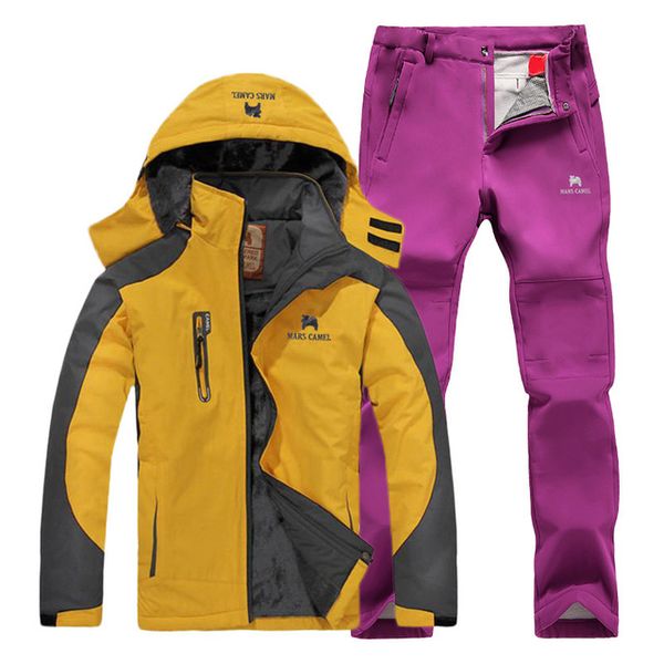 

winter tracksuit women hiking jacket & hiking pants wool liner thermal ski suit outdoor mountaineering windproof waterproof coat, Blue;black