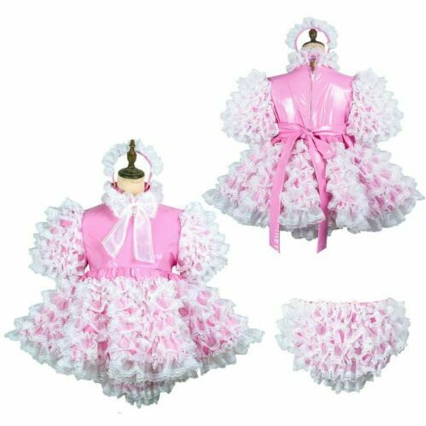 

lockable baby pink pvc sissy maid mini dress, Black;red