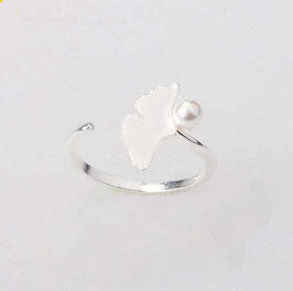 Antik Silber Ginkgo Blatt Pflanze Öffnung Fingerring für Frauen Dame Elegante Eheringe Imitation Perle Schönes Geschenk