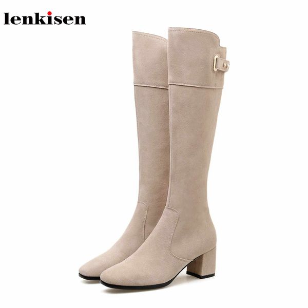 

lenkisen fashion sweet streetwear cow suede round toe high heels zip buckle straps winter keep warm women thigh high boots l20, Black