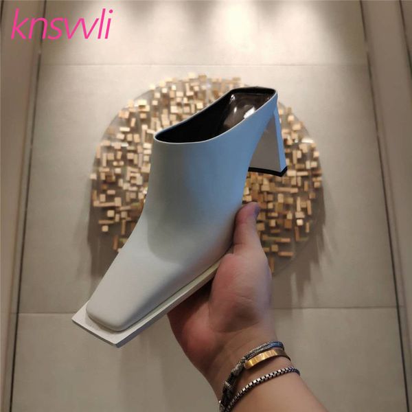 

square toe block high heels slippers women genuine leather runway mules ladies slides triangle solid chunky heels shoes woman, Black