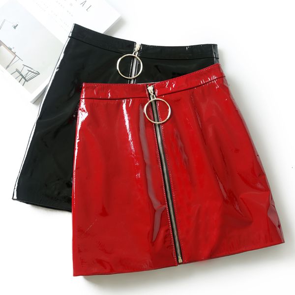 

women skirts mini skirt autumn casual women zip faux leather skirt above the knee pencil bodycon plus size womens skirts jupe femme, Black