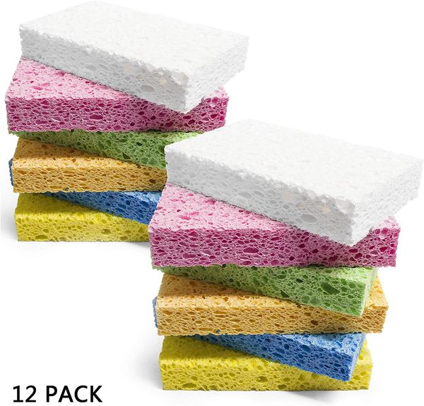 

cleaning scrub sponges assorted colors - non-scratch, heavy duty color cellulose sponge, clean tough messes without scratching 12pack
