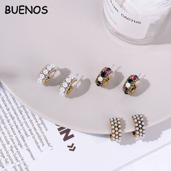 

2019 new vintage colorful rhinestone small hoop earrings women fashion simulated pearl semicircle pendientes ce0784/5, Golden;silver