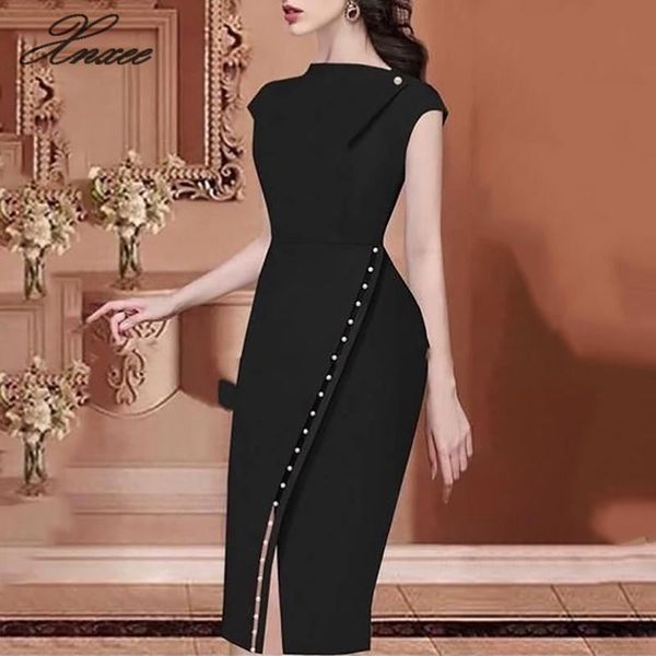 

2020 women elegant casual office look workwear slit party dress solid button beading embellished slit irregular midi dress, White;black