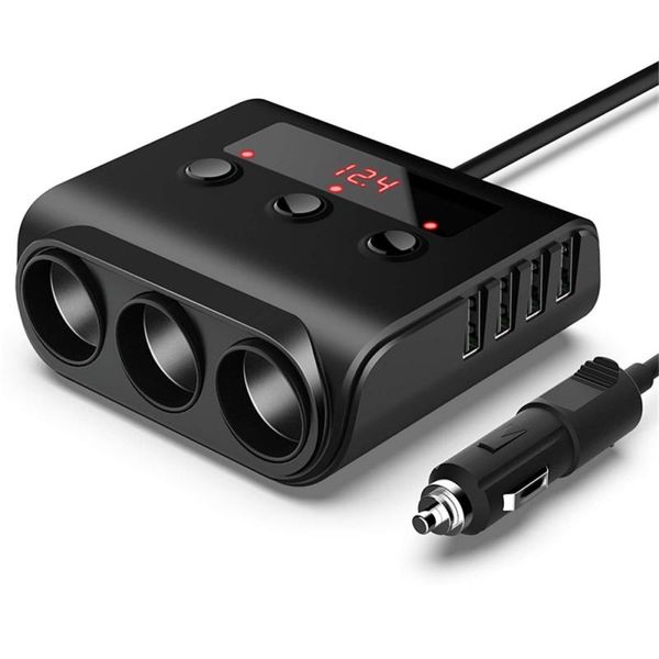 

12v-24v 100w car cigarette lighter socket splitter plug one for three with switch voltage display 4usb charger adapter