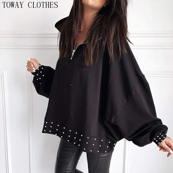 

black casual bubble pearl beaded design women batwing shirt blouse, White