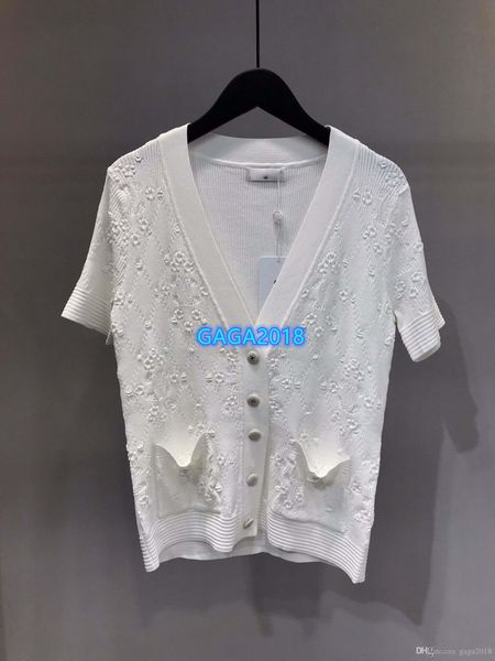 

high end женщины девушки вязать футболку лоскутное жаккардовое письмо v-образным вырезом с коротким рукавом блузка толстовка париж мода диза, White