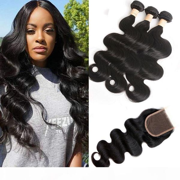 

indian mink human hair bundles with 4 by 4 lace closure baby hair extensions body wave 3 bundles with 4x4 closure middle three part, Black;brown