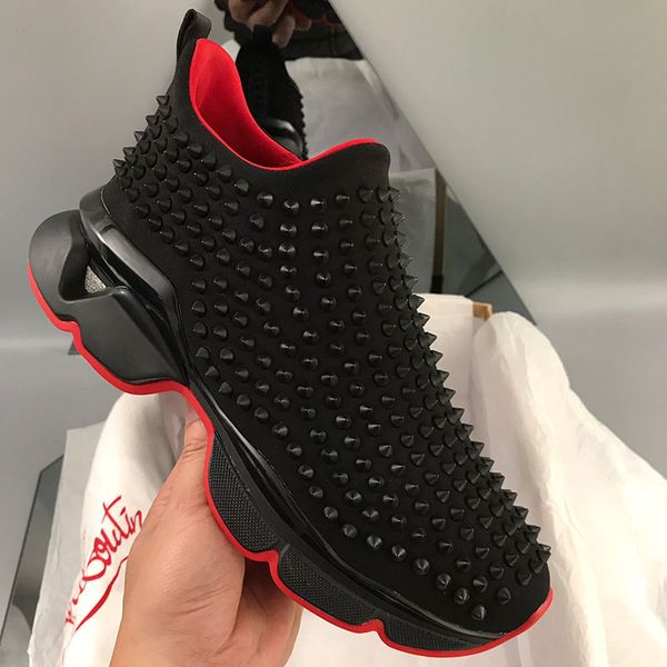 

2019 luxury designer brand rivet studs flat shoes red shoes men's and women's party lovers leather sports shoes 37-47 ing, Black
