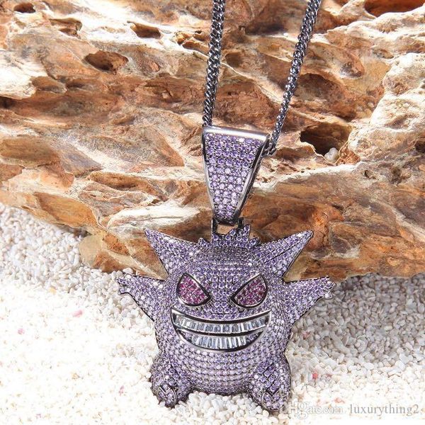 

full rhinestone gengar iced out pendant necklace creative hip hop bling mens necklace jewelry with 70cm chain for men gift, Silver