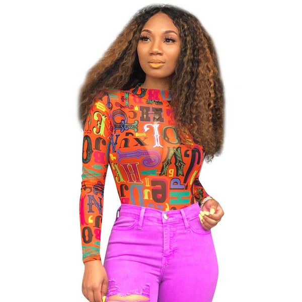 

women sheer mesh lace letter print jumpsuit long sleeve shirt turtleneck bodysuit skinny slim see through clothes, Black;white