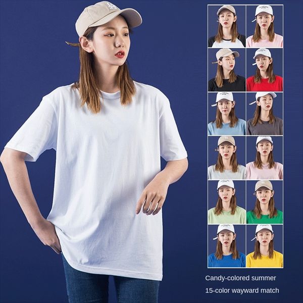 

2020 women's short-sleeved cotton loose t- type t-shirt solid color round collar large size half-sleeved shirt summer suit, White