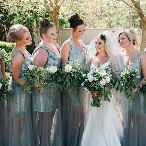 

light blue v-neck sequined long bridesmaid dresses tiered skirt backless sleeveless prom evening party dresses, White;pink