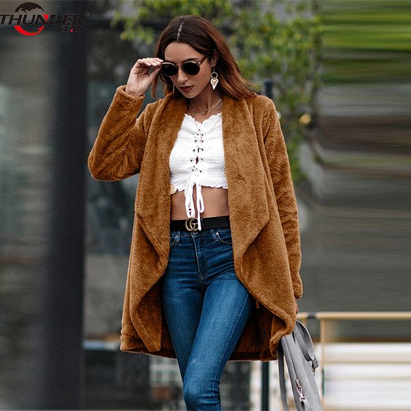 

faux fur coat women 2018 autumn winter elegant warm solid soft teddy fur jacket female plush overcoat casual outerwear, Black