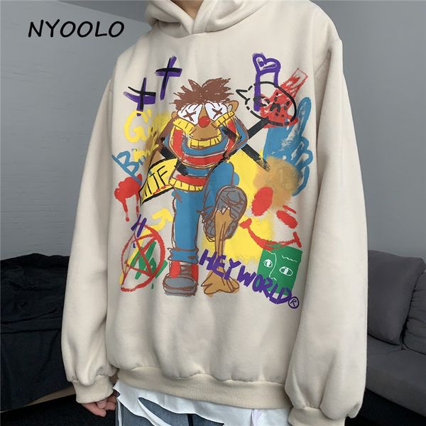 

nyoolo harajuku streetwear graffiti print hip hop warm fleece hoodies autumn winter loose hooded pullovers sweatshirt women men, Black