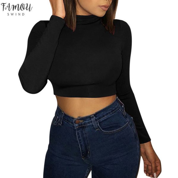 

short tshirt crop club long sleeve women shirts korean polyester black burgundy clothes turtleneck basic short t shirt femme, White