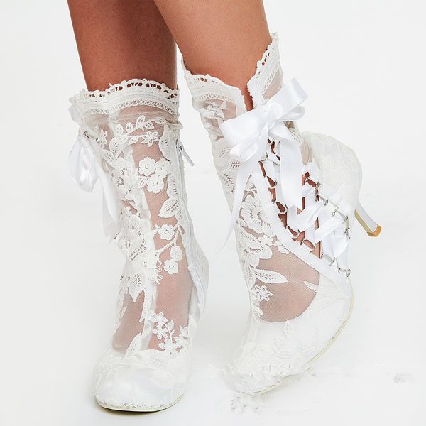 

Кружева белый слоновая кость свадебные туфли на высоких каблуках Женская обувь с